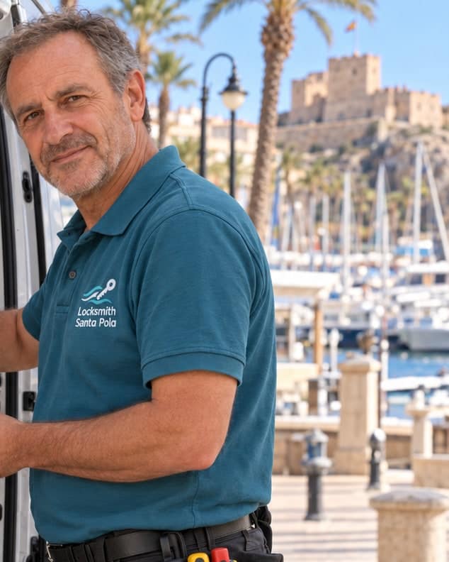 A man in a teal polo looks round from the open side door of a van, palm trees and the masts of moored boats behind him