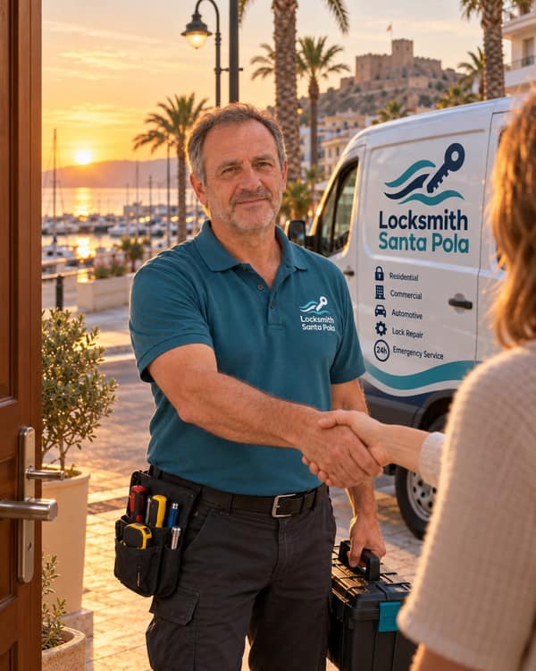 At dusk, a man in a teal polo shakes hands with a woman at an open wooden front door, a white van and a row of palm trees behind